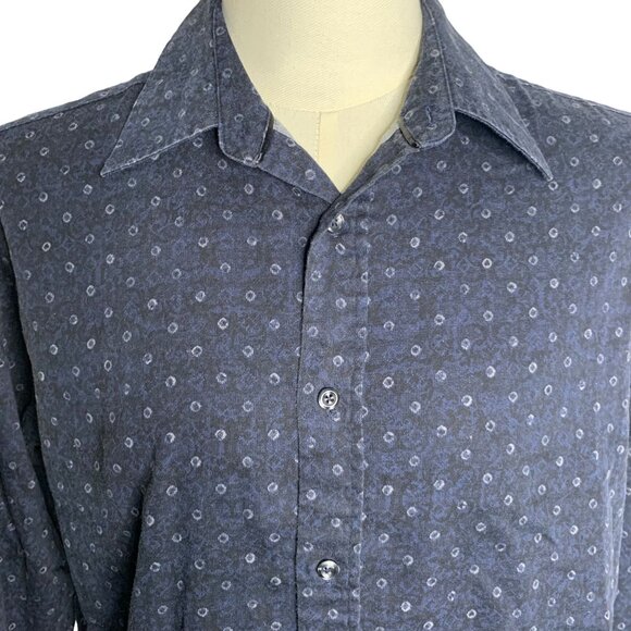 John Henry Button Up Long Sleeve Shirt M Black Blue Circles Cotton Collared - Picture 2 of 6
